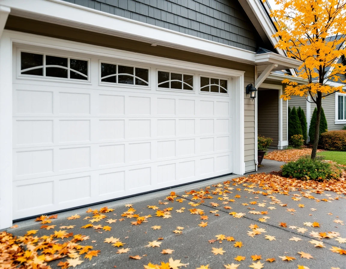 White garage door with visible weatherstripping on West Kelso home surrounded by autumn leaves on driveway