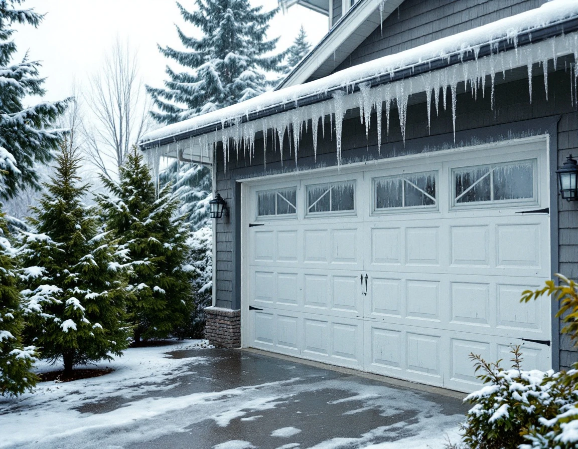 Attached garage doors with ice buildup along tracks and gutters during Vancouver winter storm