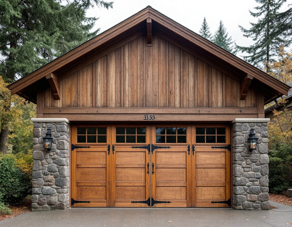 Historic 1920s garage with stone pillars and wooden panel door in Hood River Heights showing period-appropriate hardware