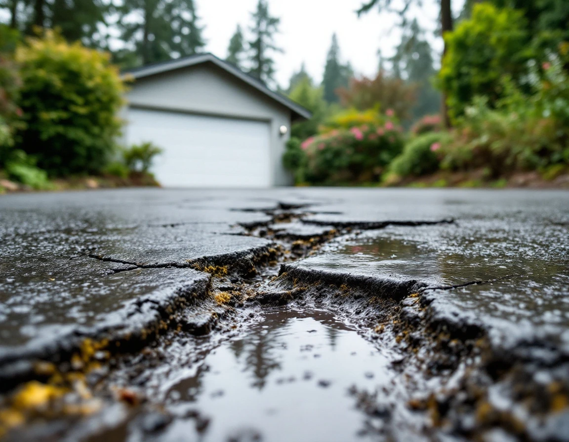 Cracked and settled driveway on sloped Oregon City property with water pooling from drainage issues