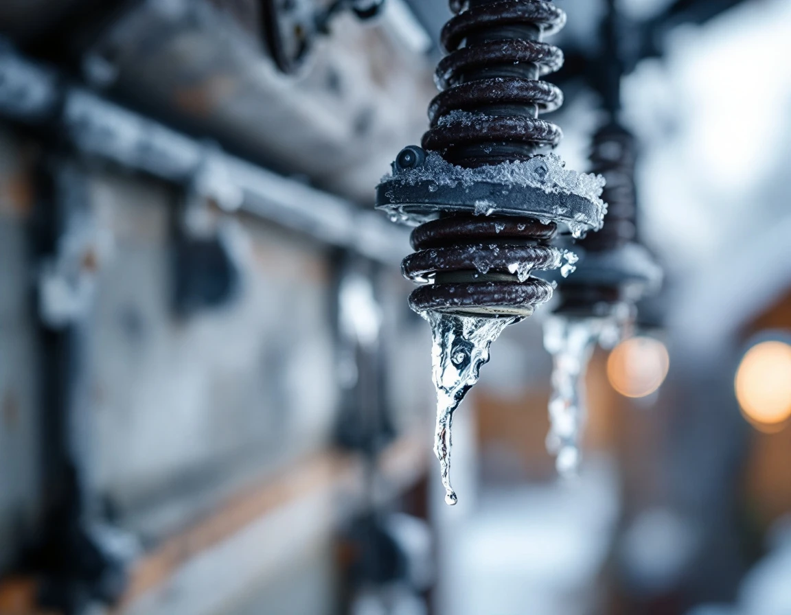 Frost-covered garage door torsion springs showing ice accumulation from Hillsboro's winter freeze-thaw cycles