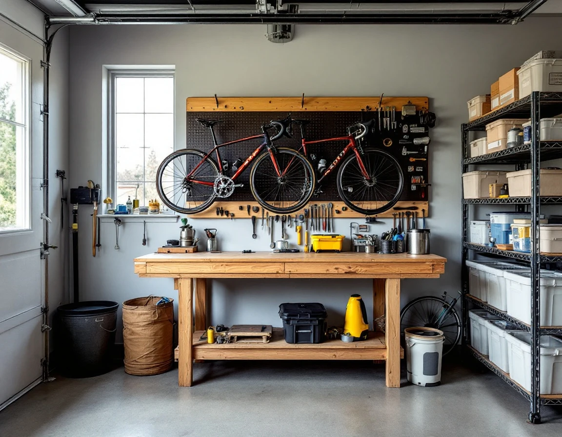 Organized garage workshop with wooden workbench, wall-mounted bicycles, and labeled storage bins in soft natural light