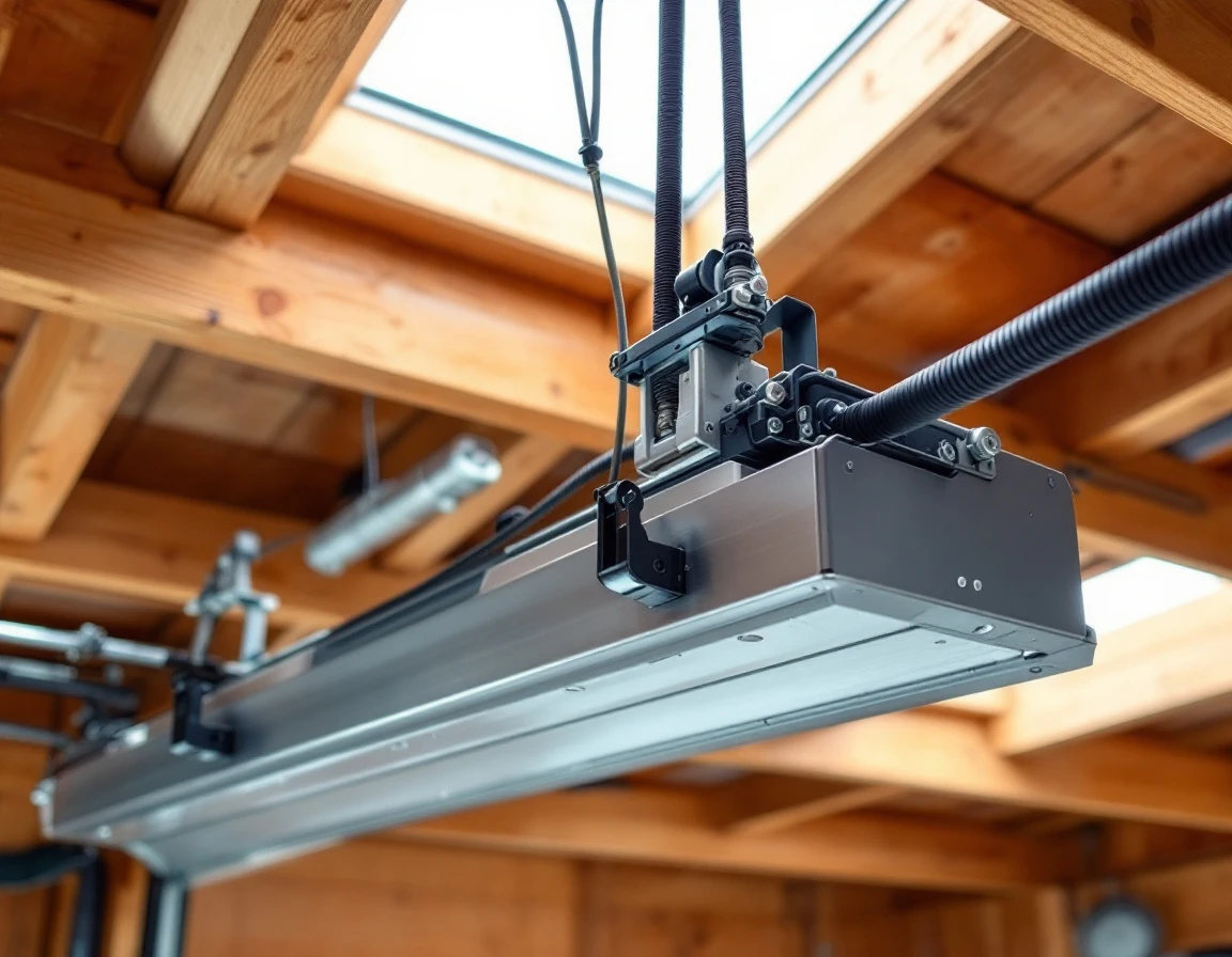 Heavy-duty garage door opener mechanism with industrial springs and pulleys mounted on workshop ceiling beams