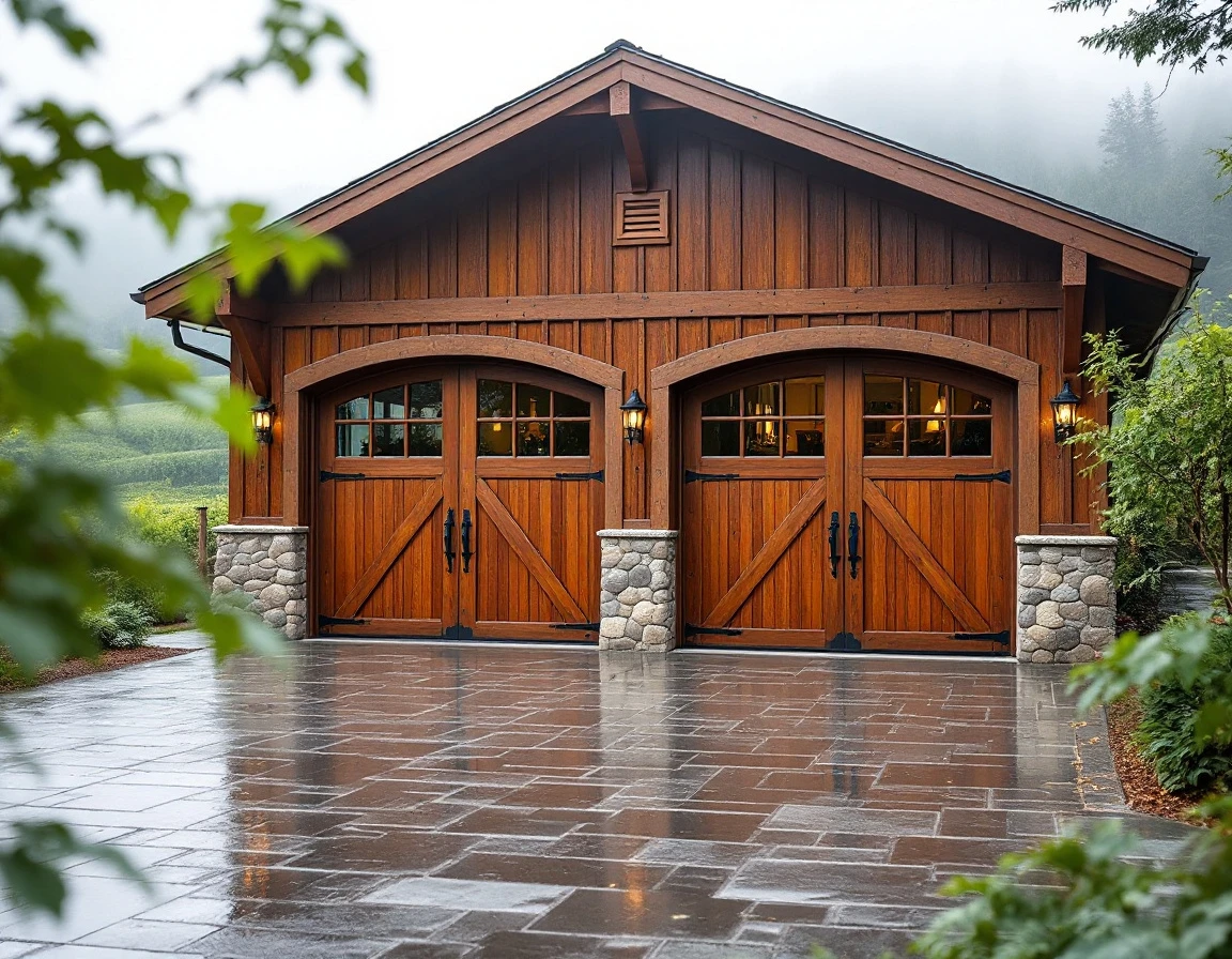 Carriage-style garage doors on Dundee wine estate with morning fog and vineyard backdrop