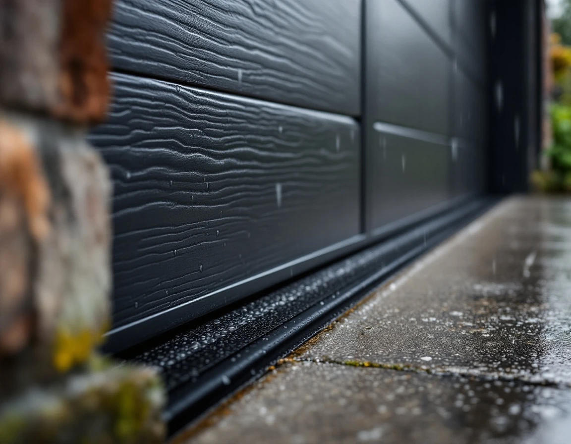 Modern garage door weatherstripping with rain droplets beading on rubber seal against wet concrete