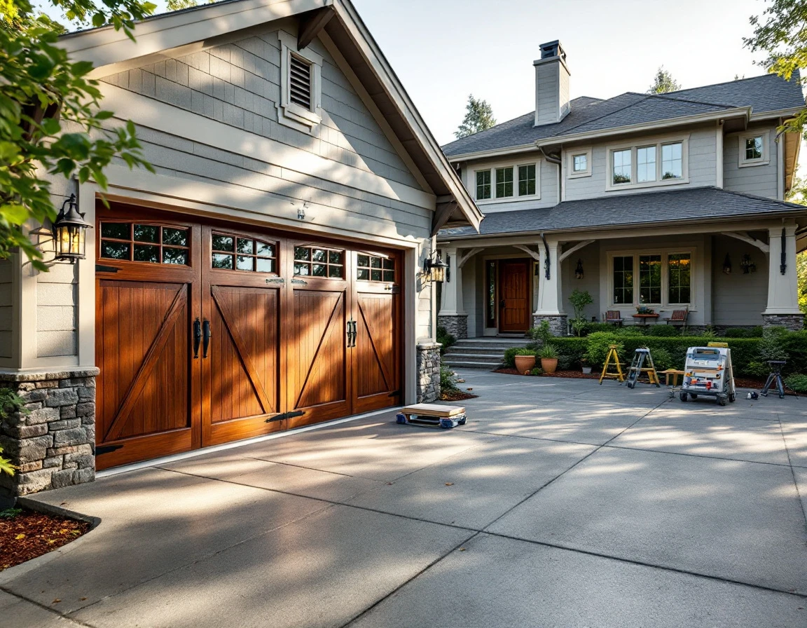 Professional installation of custom carriage-style garage door on West Linn luxury home with tools staged on driveway