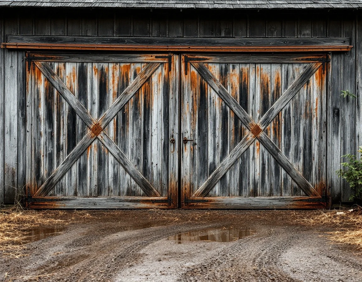 Weathered wooden barn door with natural rust patina and muddy gravel driveway showing seasonal wear in rural Oregon