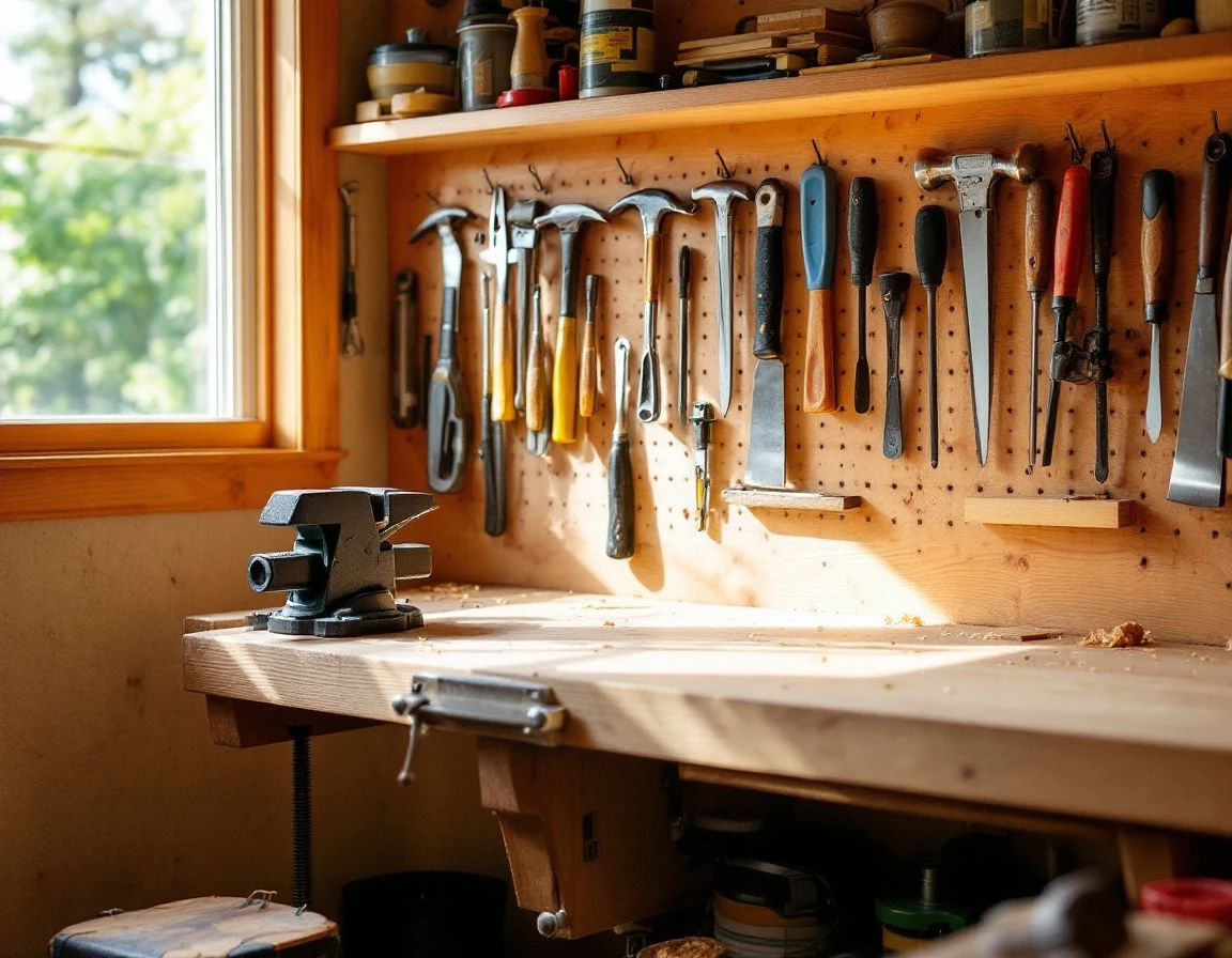 Organized garage workbench with pegboard tool storage and natural window light in Portland workshop