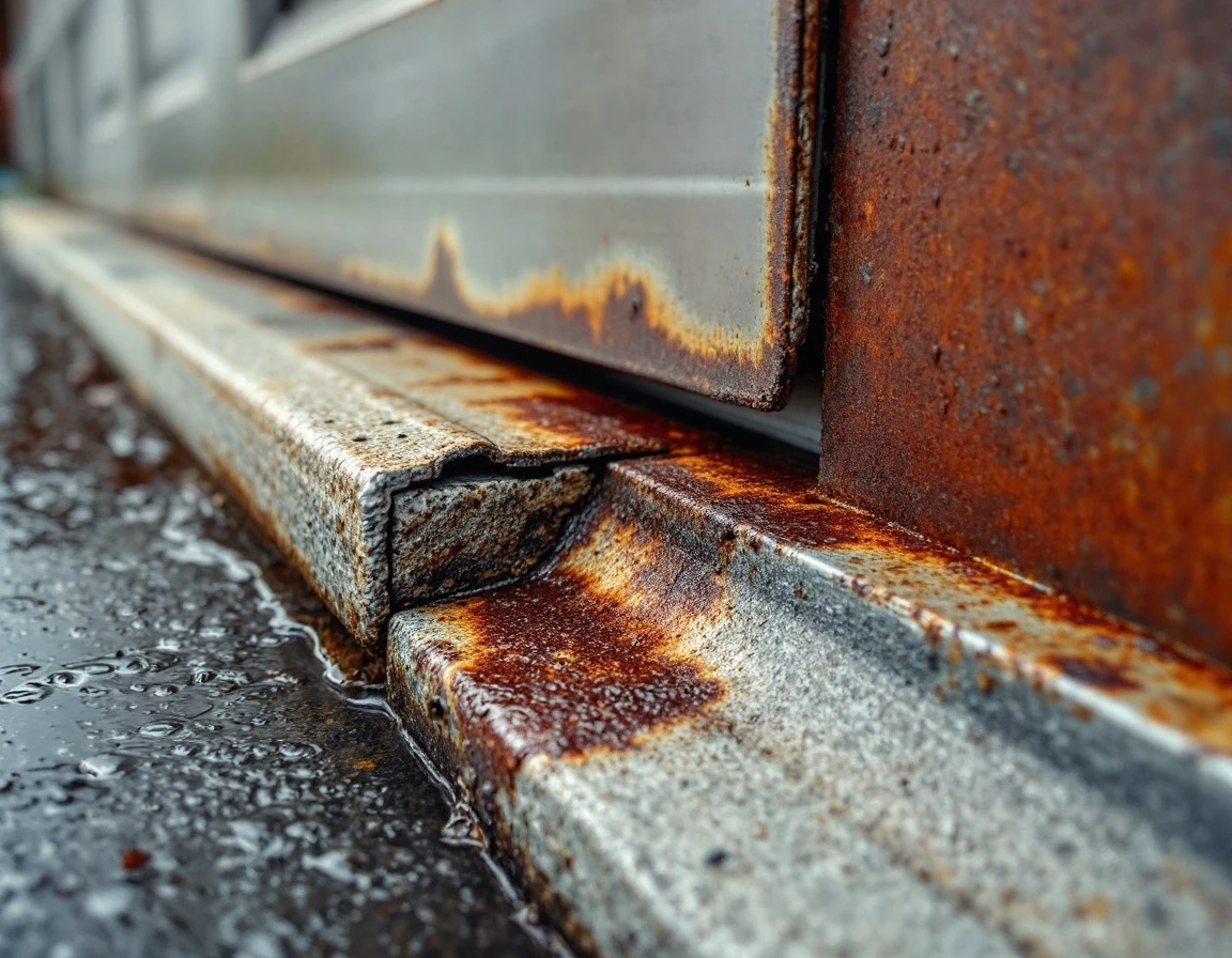 Rusted garage door threshold with water damage and mineral staining from seasonal flooding in Canby