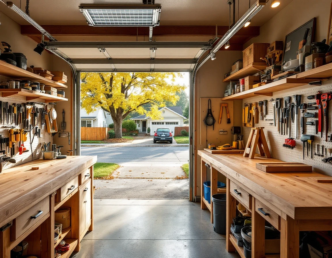 Organized garage workshop with wooden workbenches and pegboard tool storage in natural sunlight