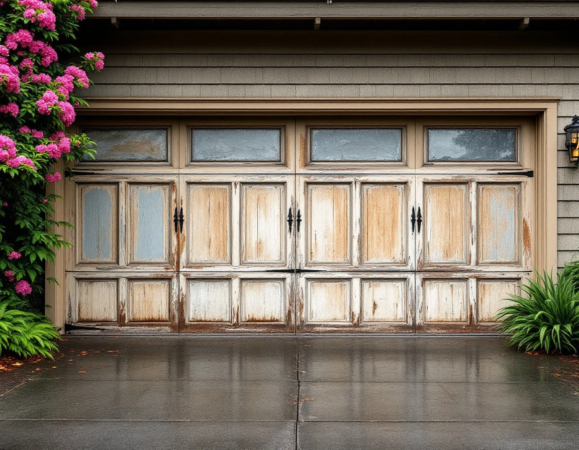 Weathered garage door showing multiple panels with distinct deterioration patterns and varying degrees of paint failure
