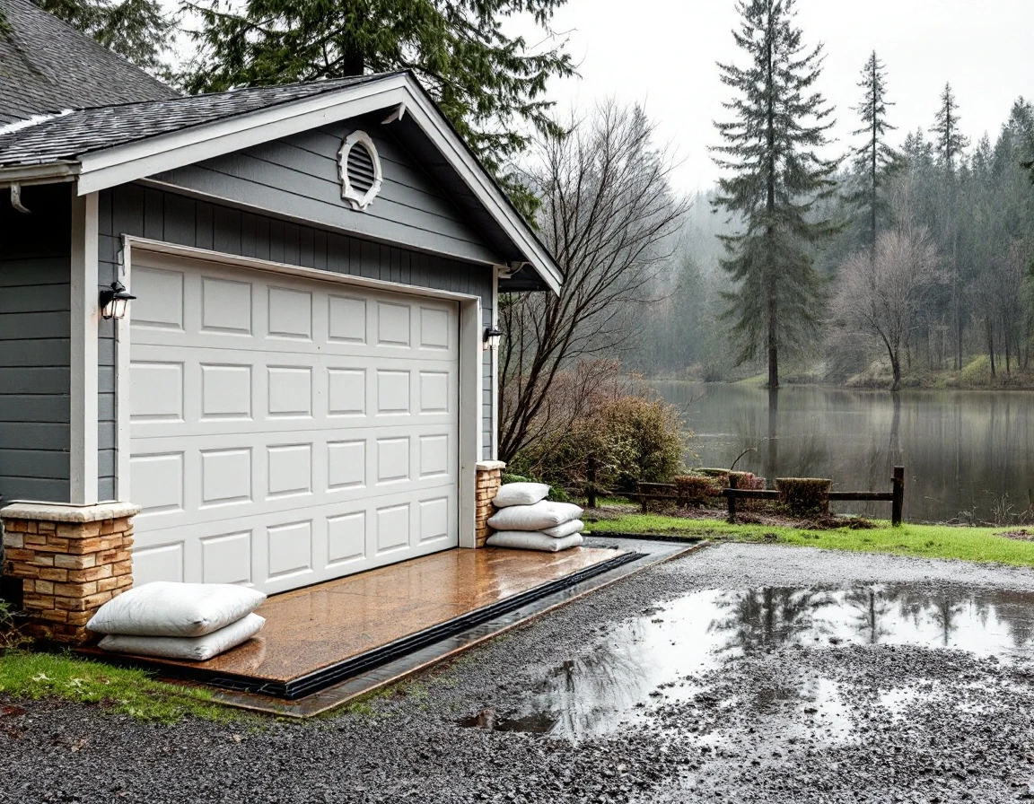 Detached garage with flood mitigation measures including sandbags and drainage systems near Molalla River