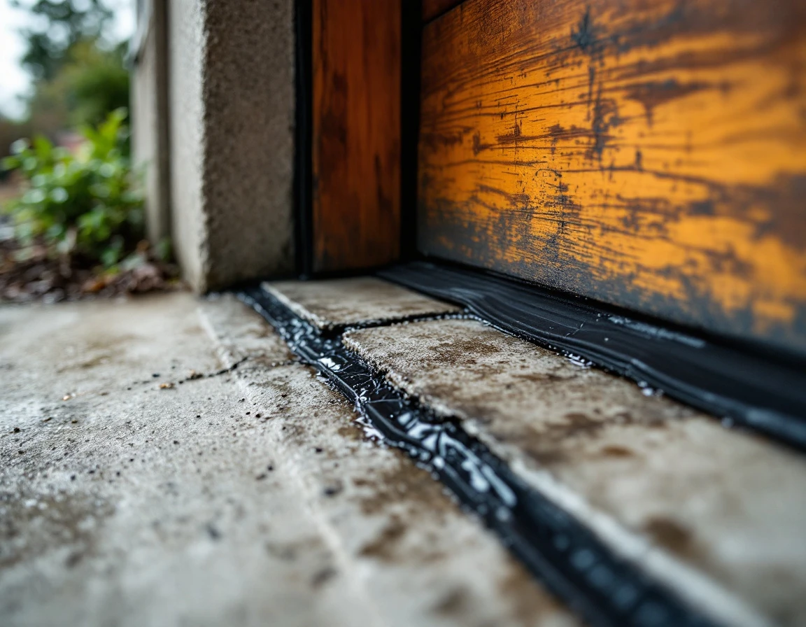 Deteriorated garage door weatherstripping showing gaps and compression damage where water penetrates
