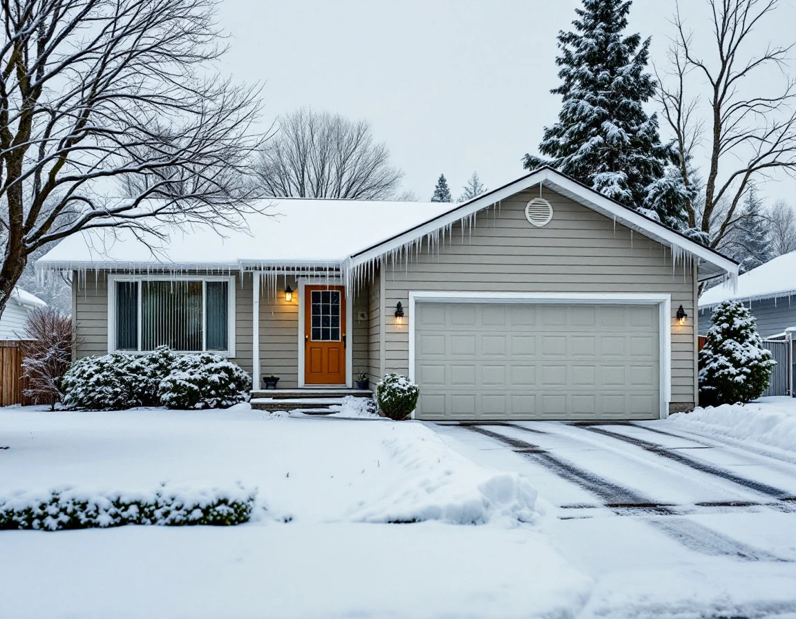 Ranch home with attached garage covered in winter snow in King City retirement community