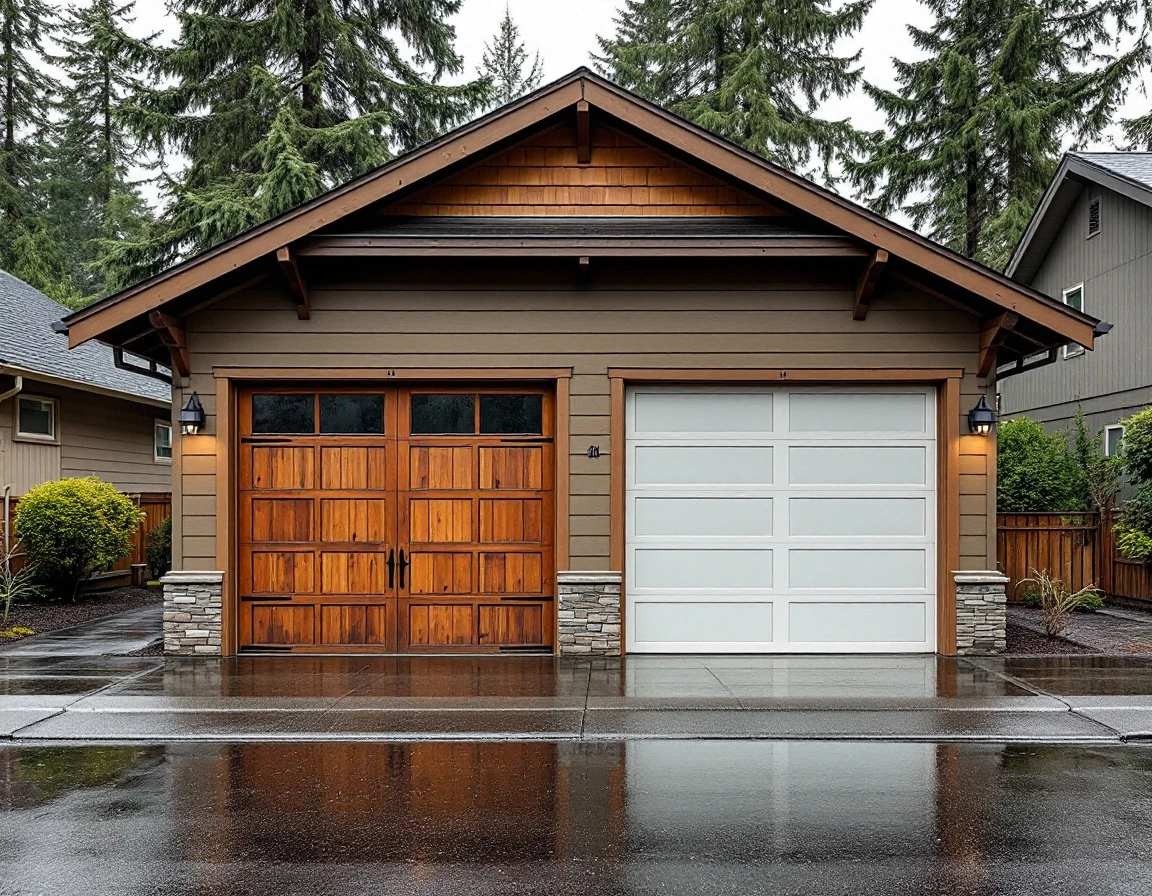 Two garage doors side by side showing different condition levels on Portland craftsman home after rain