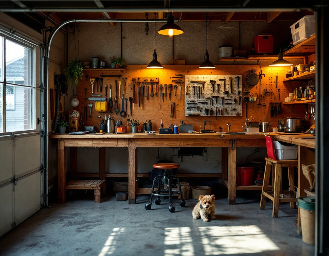 Organized garage workshop with wooden workbench and natural daylight during summer afternoon