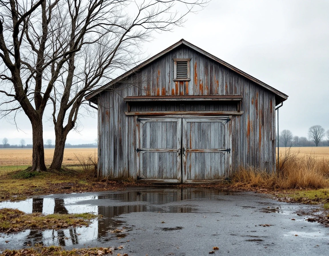 Weathered wooden outbuilding on rural Canby property with standing water from spring snowmelt in foreground