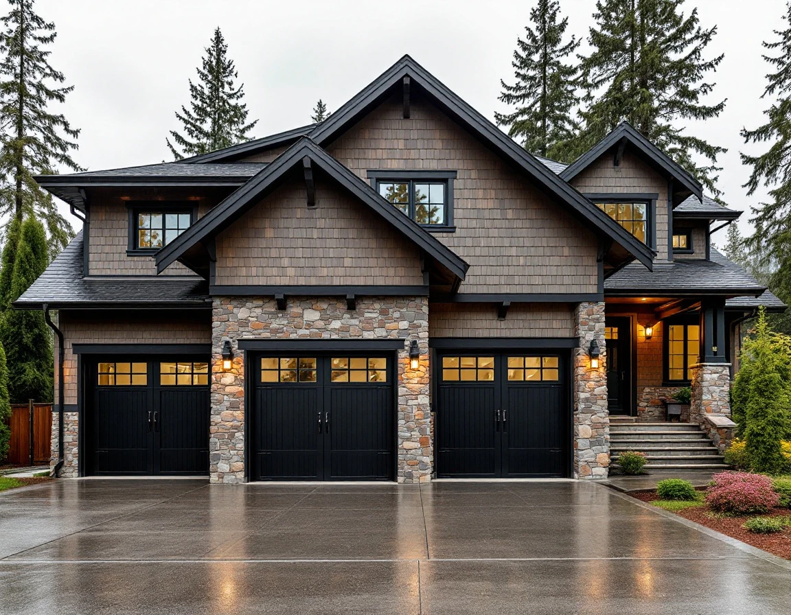Modern craftsman home with three-car garage featuring durable carriage-style doors in Pacific Northwest setting