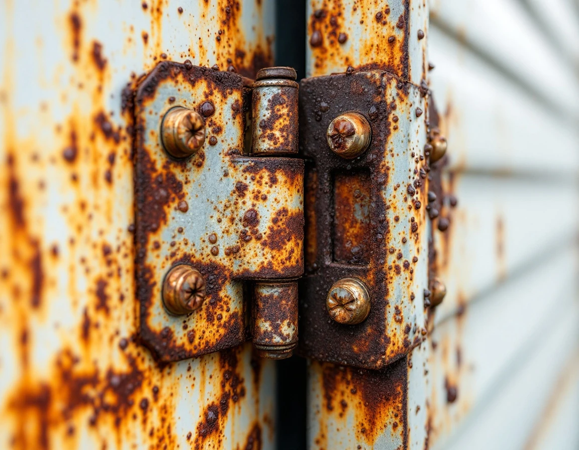 Corroded metal garage door hardware showing rust damage from Castle Rock's heavy annual rainfall