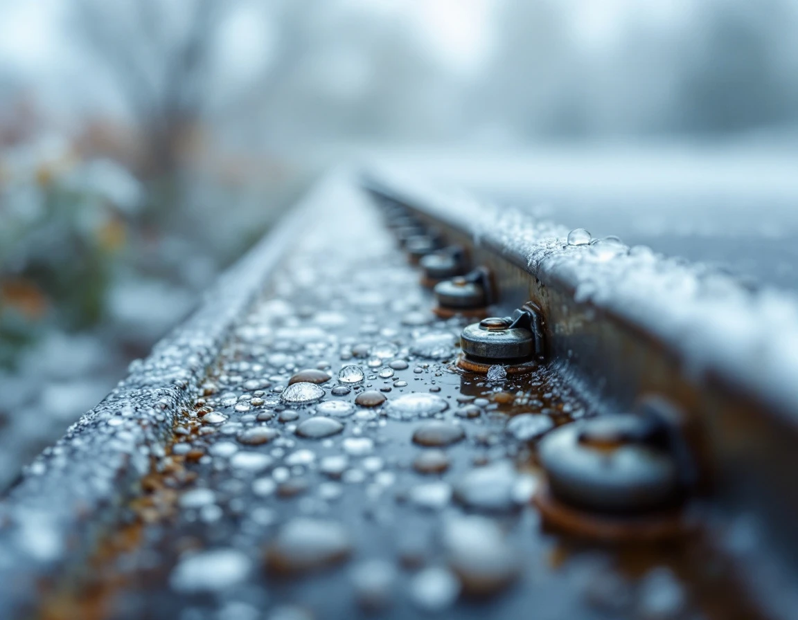 Condensation droplets on garage door track rails during Tualatin Valley fog season