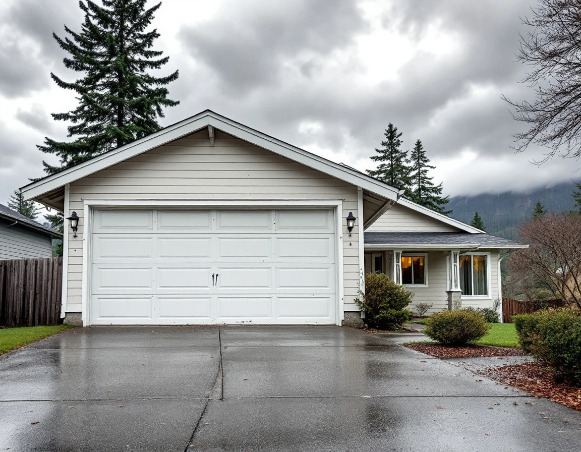 Craftsman home garage door in Cascade Locks showing wind stress damage with stormy Columbia Gorge skies overhead