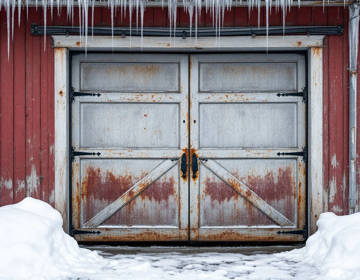 Barn garage door with new weatherstripping installed on rural farm building surrounded by winter snow and ice