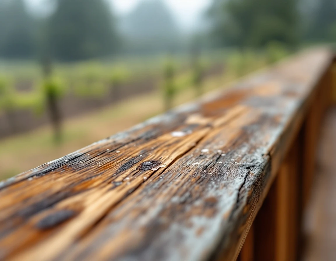 Moisture damage on exposed deck rail showing condensation and early rust on metal brackets in wine country fog