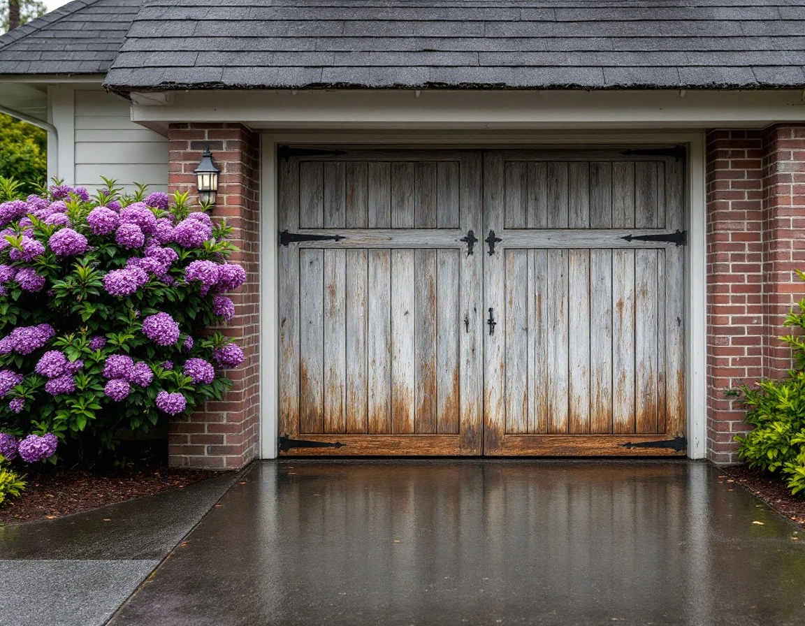 Weathered wood garage door with authentic rust and water damage on Portland craftsman home