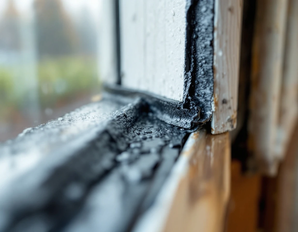 Weatherstripping detail on garage door frame with moisture protection against Oregon valley fog