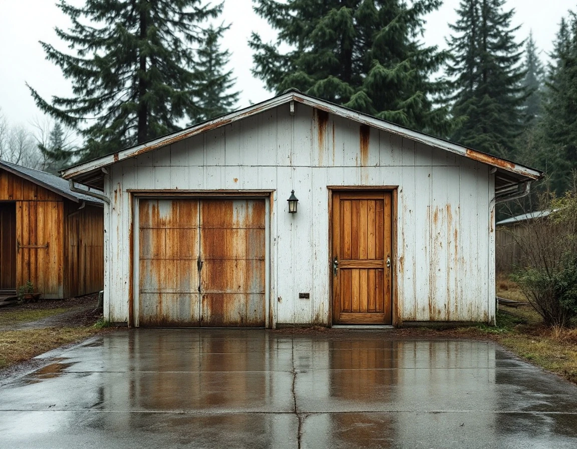Weathered 1950s garage with rust damage and deteriorated weatherstripping in humid Pacific Northwest climate