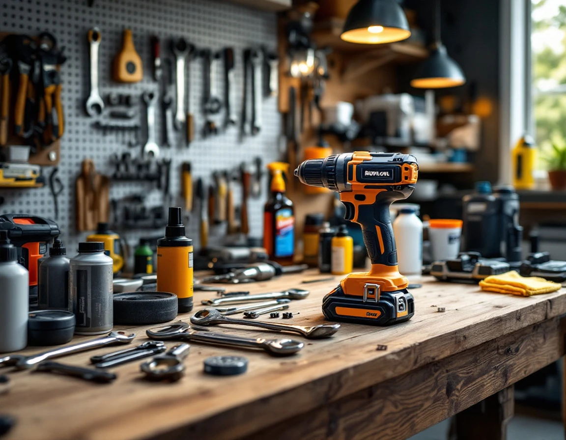 Organized garage workbench with power drill and maintenance tools ready for pre-season vehicle preparation