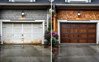 Garage door before restoration showing weathering versus after professional panel repair with wood stain finish
