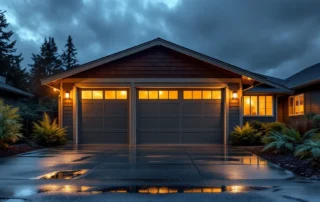 Residential garage door illuminated by porch lights on wet driveway after evening rain