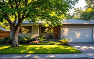 Mid-century modern Portland home with wood fence and native landscaping on sunny summer afternoon
