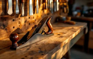 Weathered hand plane and chisels on wooden workbench with natural golden hour lighting in Portland garage
