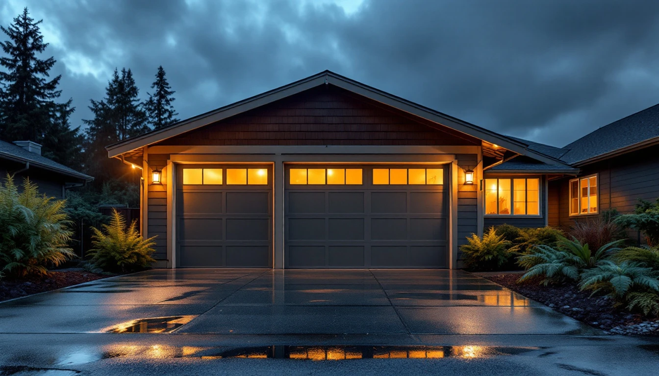 Residential garage door illuminated by porch lights on wet driveway after evening rain