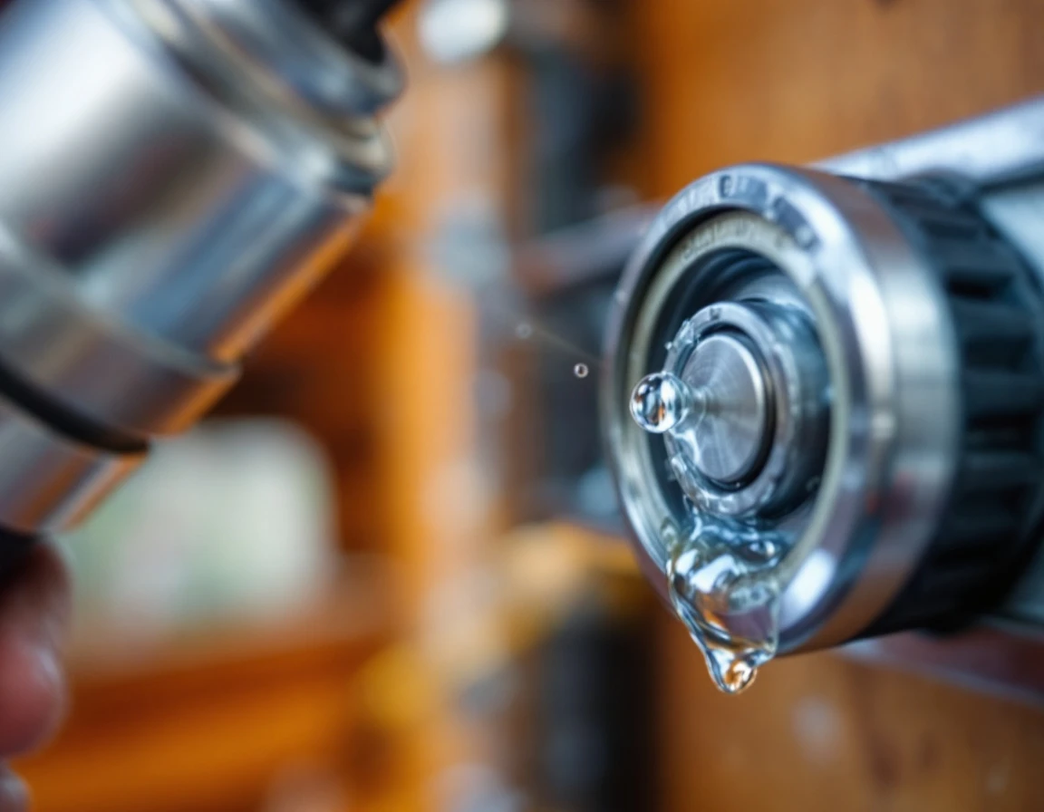 Spray lubricant being applied to garage door roller bearing and metal track in close-up detail