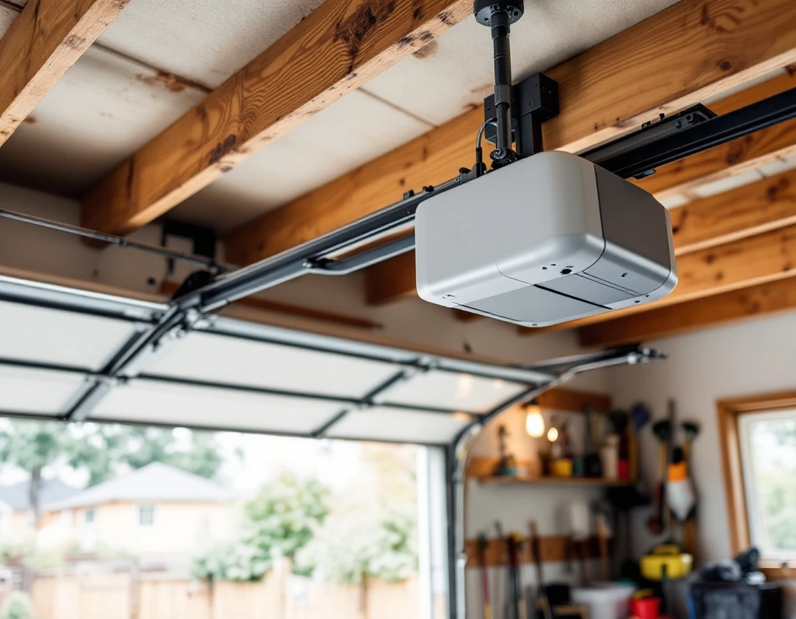 Automatic garage door opener mechanism mounted on ceiling with chain drive and motor housing