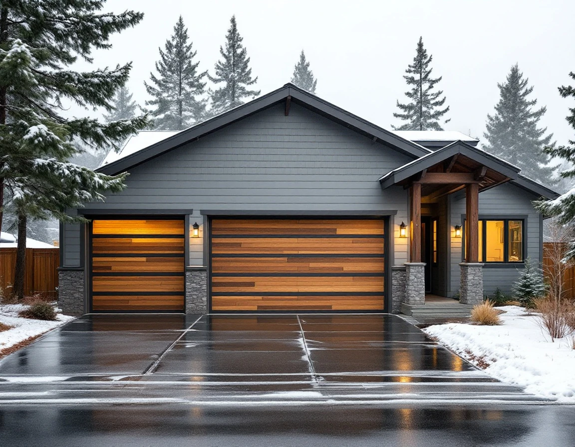 Craftsman home garage with horizontal slat door on wet winter driveway in central Oregon