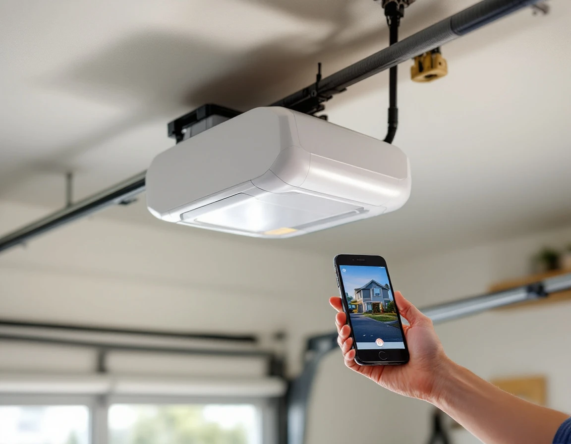 Modern garage door opener with smartphone showing WiFi connectivity control capability