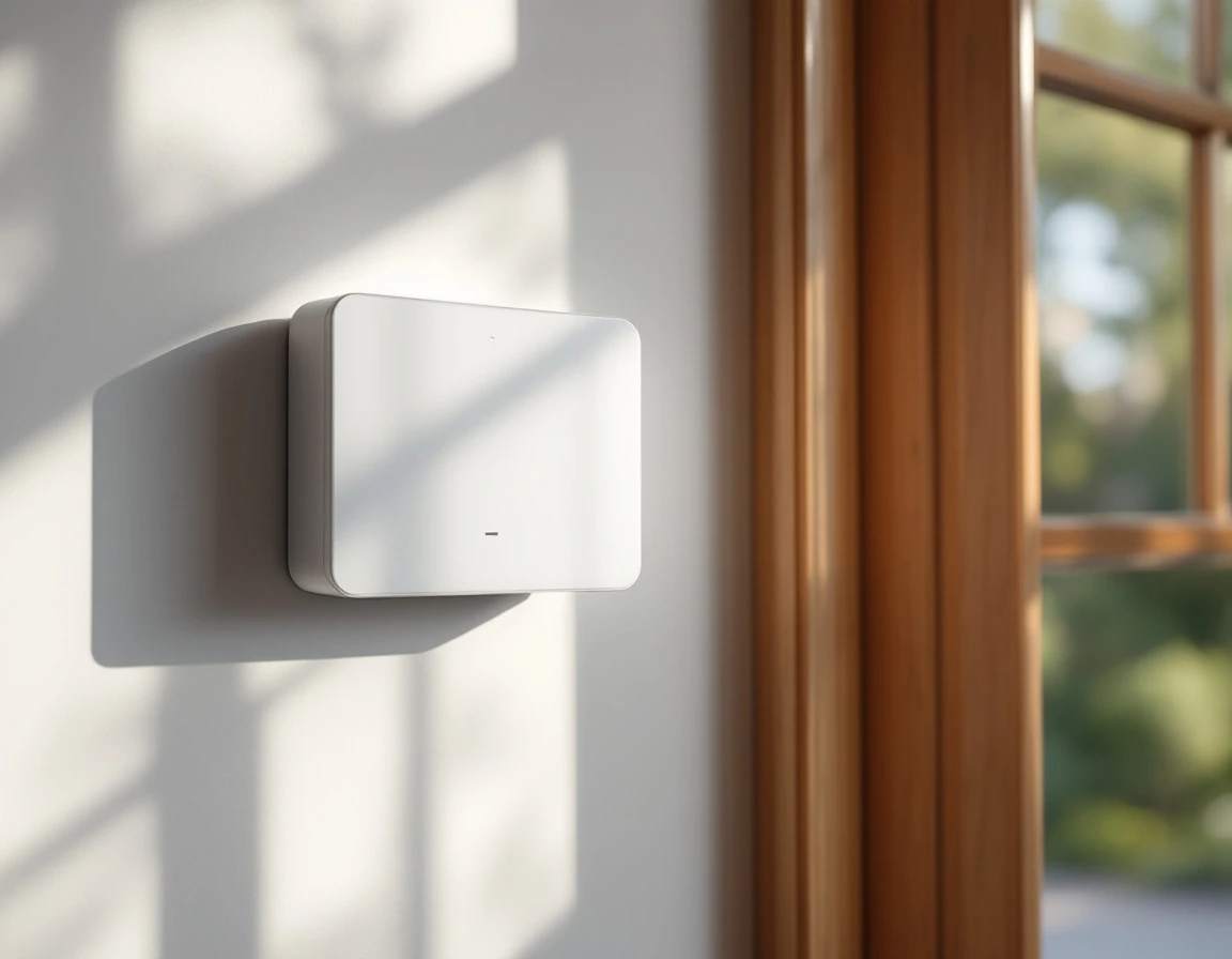 Modern smart garage opener mounted on interior wall with minimalist design and wooden door frame detail