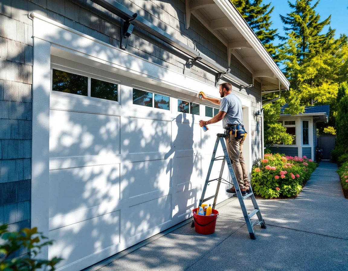 Homeowner lubricating garage door rollers during summer maintenance routine on Portland craftsman home