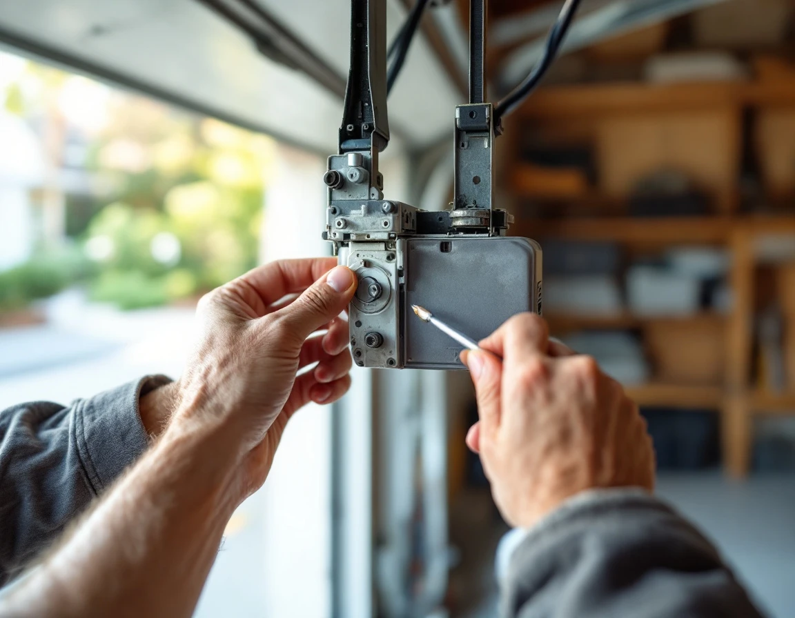 Homeowner adjusting garage door opener limit switch mechanism during troubleshooting repair