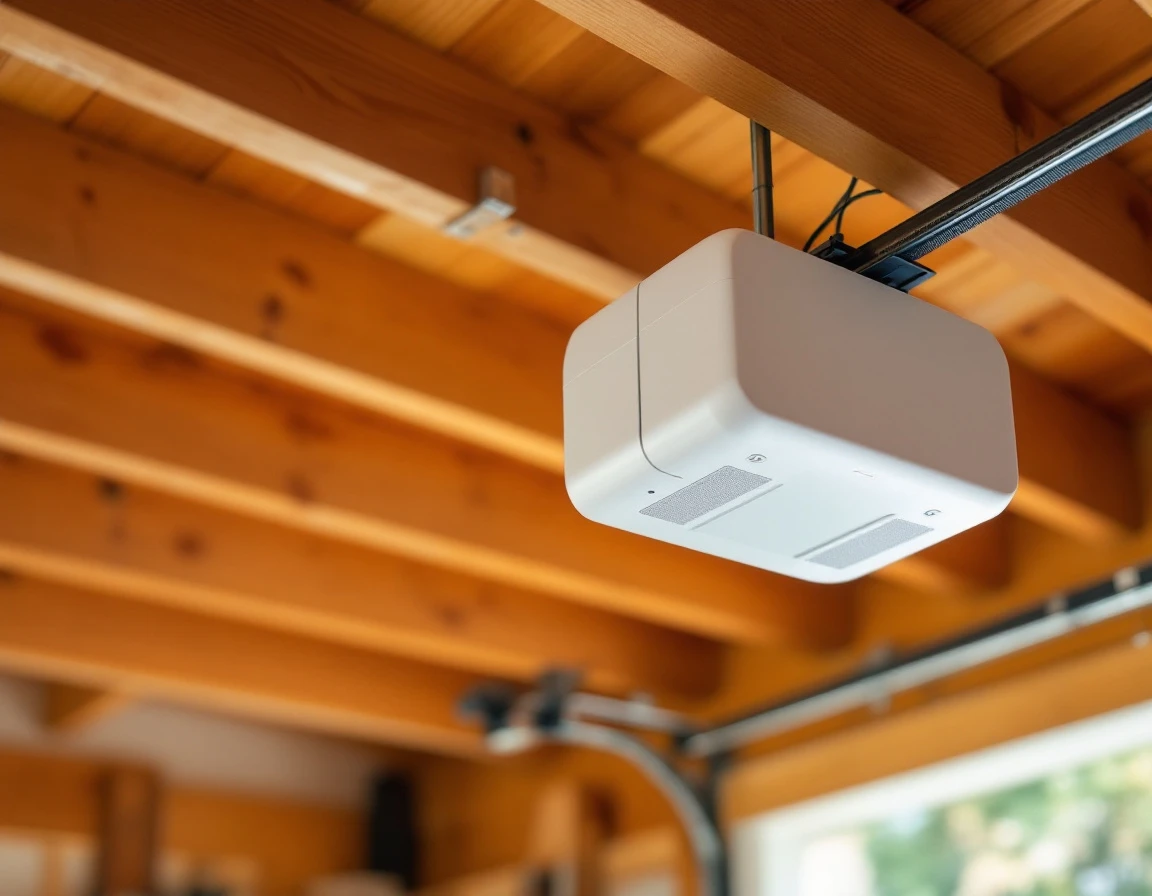 Smart garage door opener mounted to wooden ceiling beams showing WiFi-enabled connectivity hardware