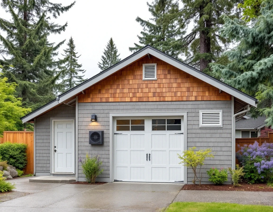 Detached garage with ridge vent, exhaust fan, and louvered vents in Portland residential neighborhood