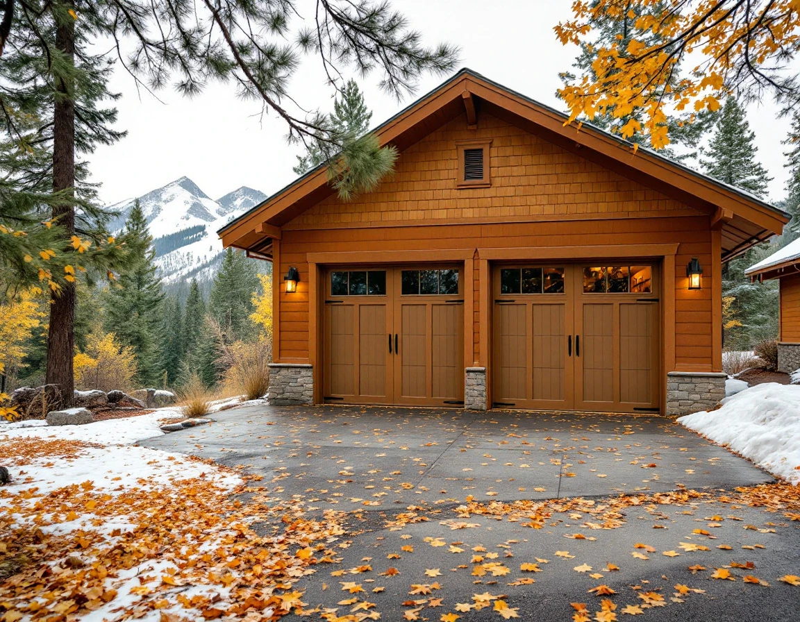 Garage door on seasonal home in Bend with mountain backdrop and autumn pine needles on driveway