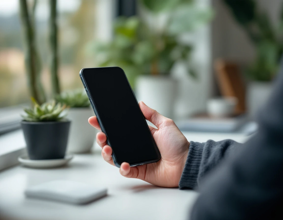 Hand holding smartphone with blank screen in modern home office setting