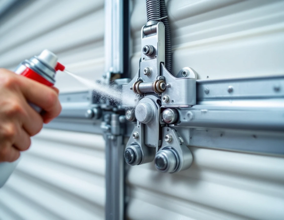 Lubricant being applied to garage door roller bearings and hinge mechanisms