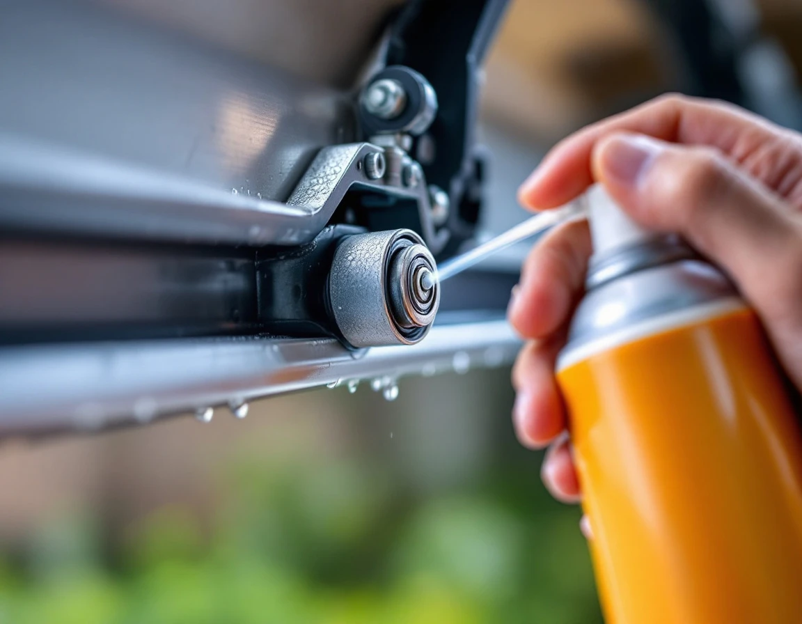 Silicone lubricant being applied to garage door roller and metal track mechanism