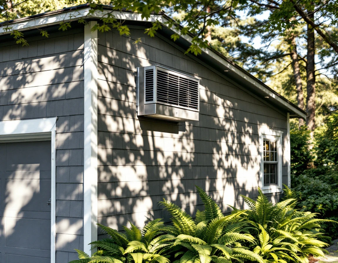 Wall-mounted exhaust fan on Pacific Northwest garage exterior with cedar siding